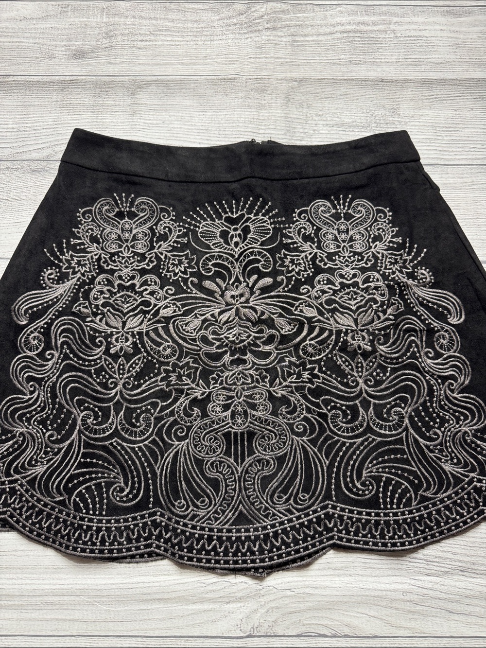 easel Women’s Black Suede feel Mini Skirt with Gray Floral Embroidery
